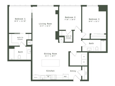 Floor plan for 3 beds, 2 baths, 1359 sqft